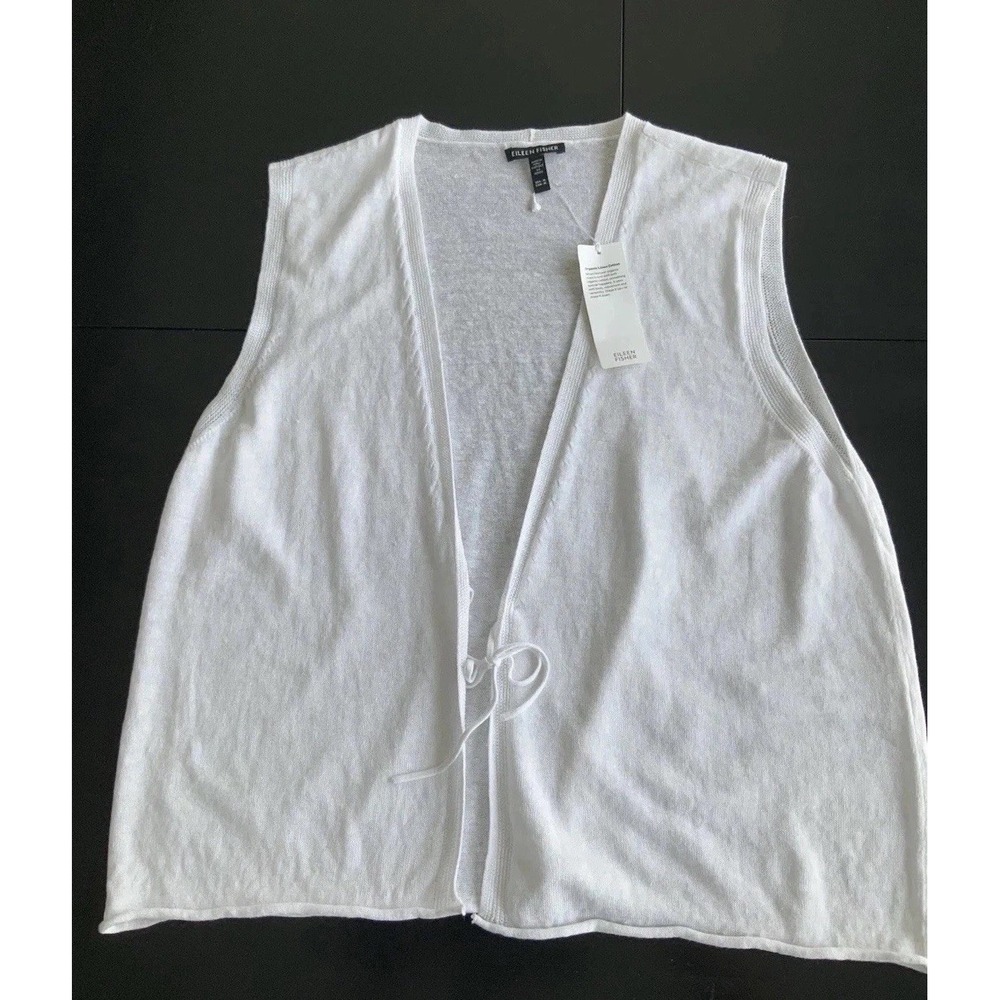 EILEEN FISHER Lightweight Vest M White Org Linen Cotton V-Neck Tie Front NWT
